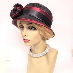 Black Dress Hat Adjustable with Red Satin Trim and Flower Rosette - One Size